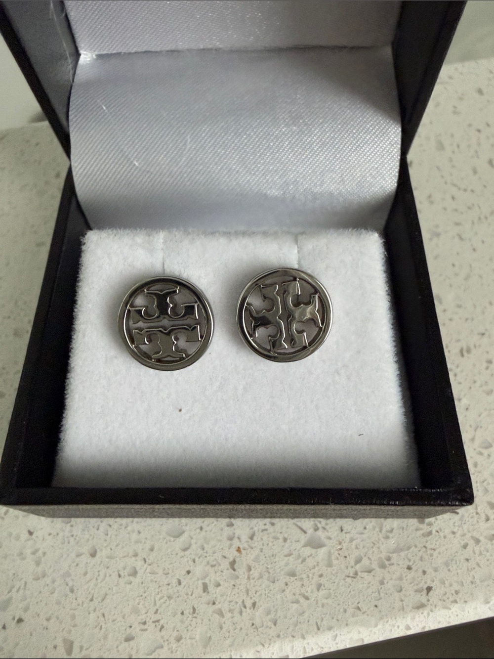 Tory Burch Silver Round Logo Stud Earrings box nic